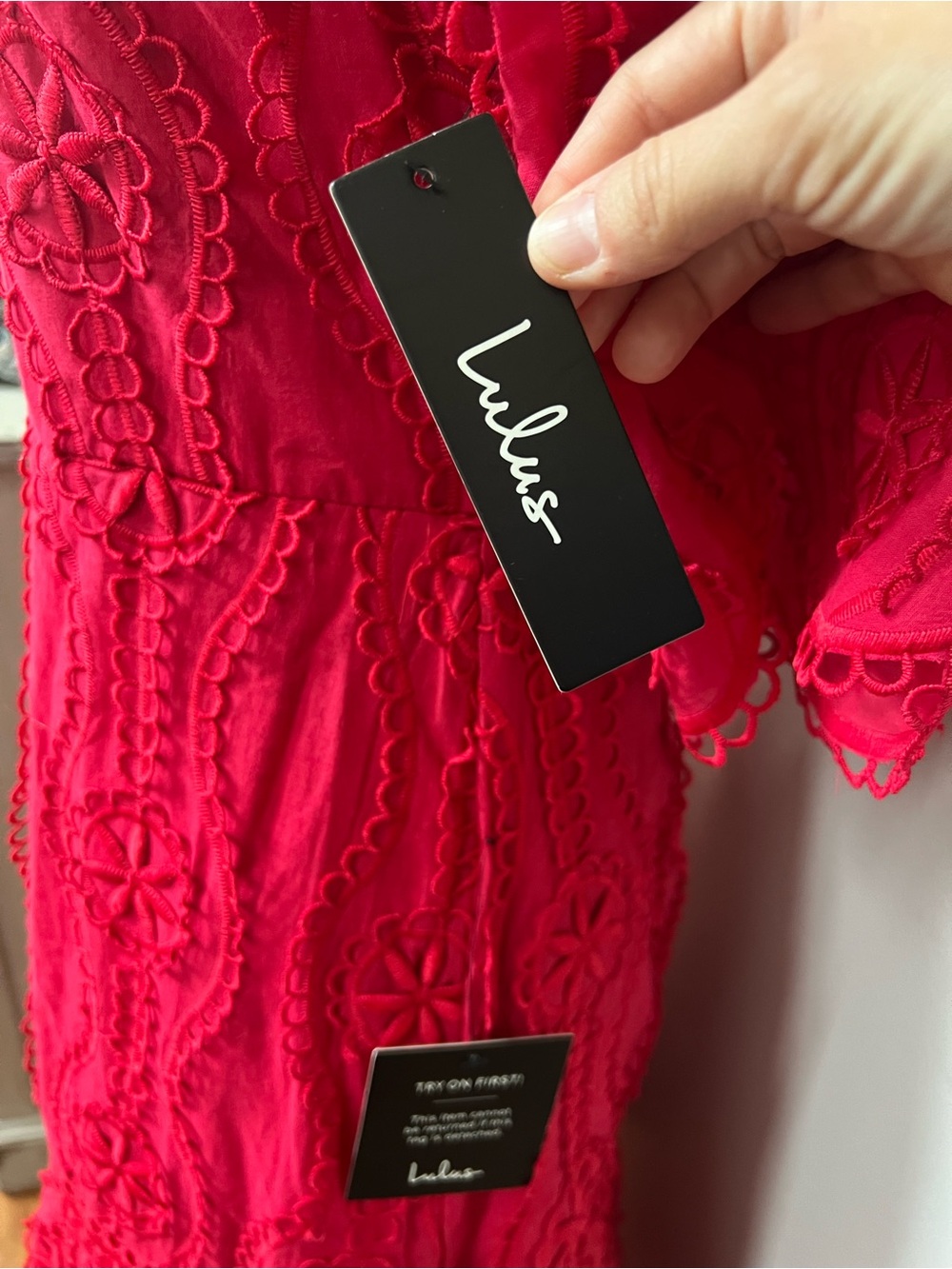 Lulu’s By The Vineyard Red Embroidered Lace Ruffle Midi Dress NWT Medium - Picture 6 of 8